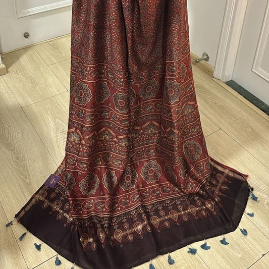 Ajrakh Chanderi Saree – Floral Motif with Rich Border