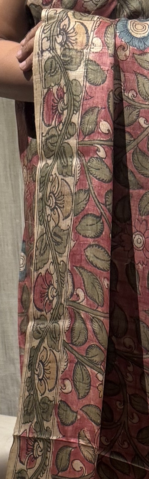 Hand-Painted Onion Pink Pen Kalamkari Tussar Silk Saree with Contrast Blouse