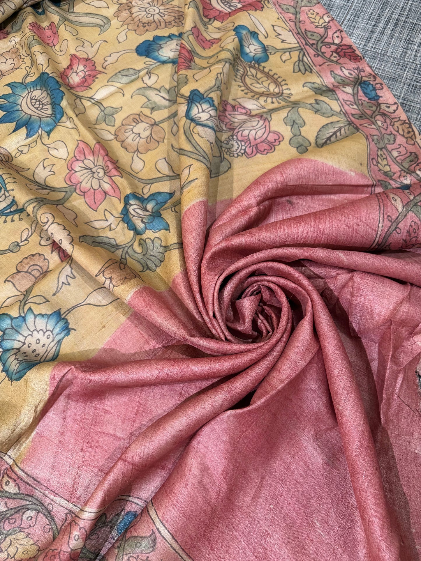 Hand-Painted Onion Pink Pen Kalamkari Tussar Silk Saree with Contrast Blouse