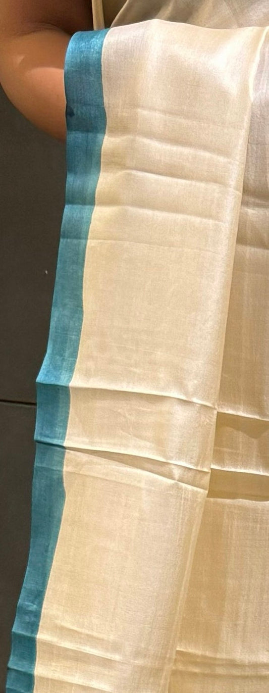 Hand-Painted Pearl-White Katan Murshidabad Silk Saree with Blouse