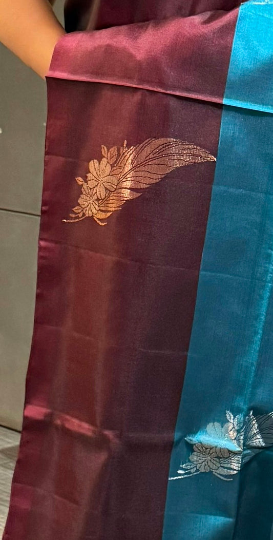 Contemporary Peacock Blue Soft Silk Saree with Blouse