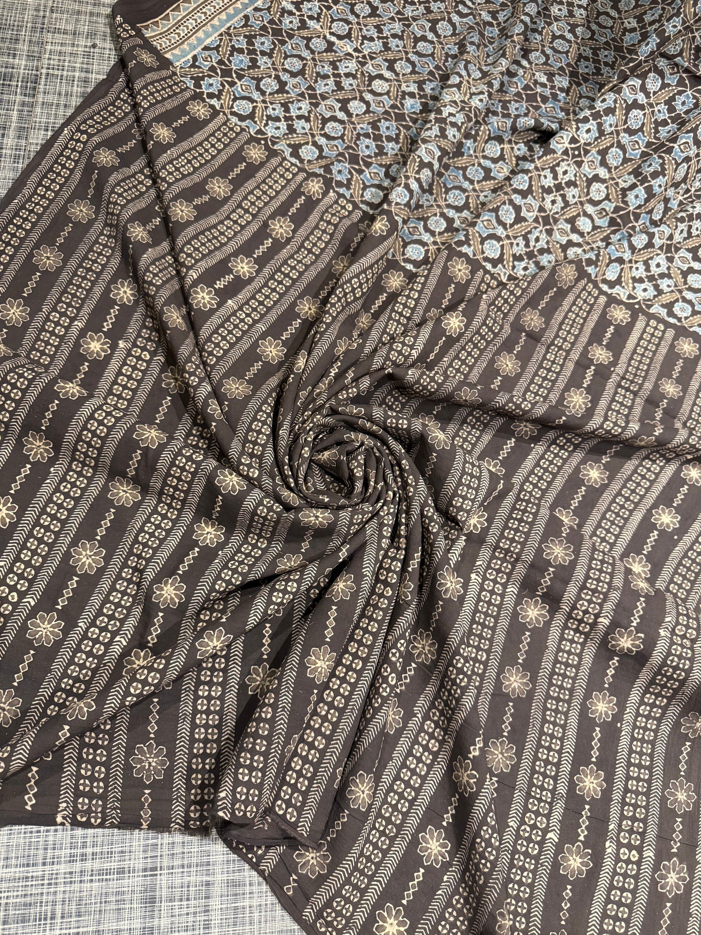 Black Ajrakh Mul Cotton Saree with Floral & Leaf Prints With Blouse