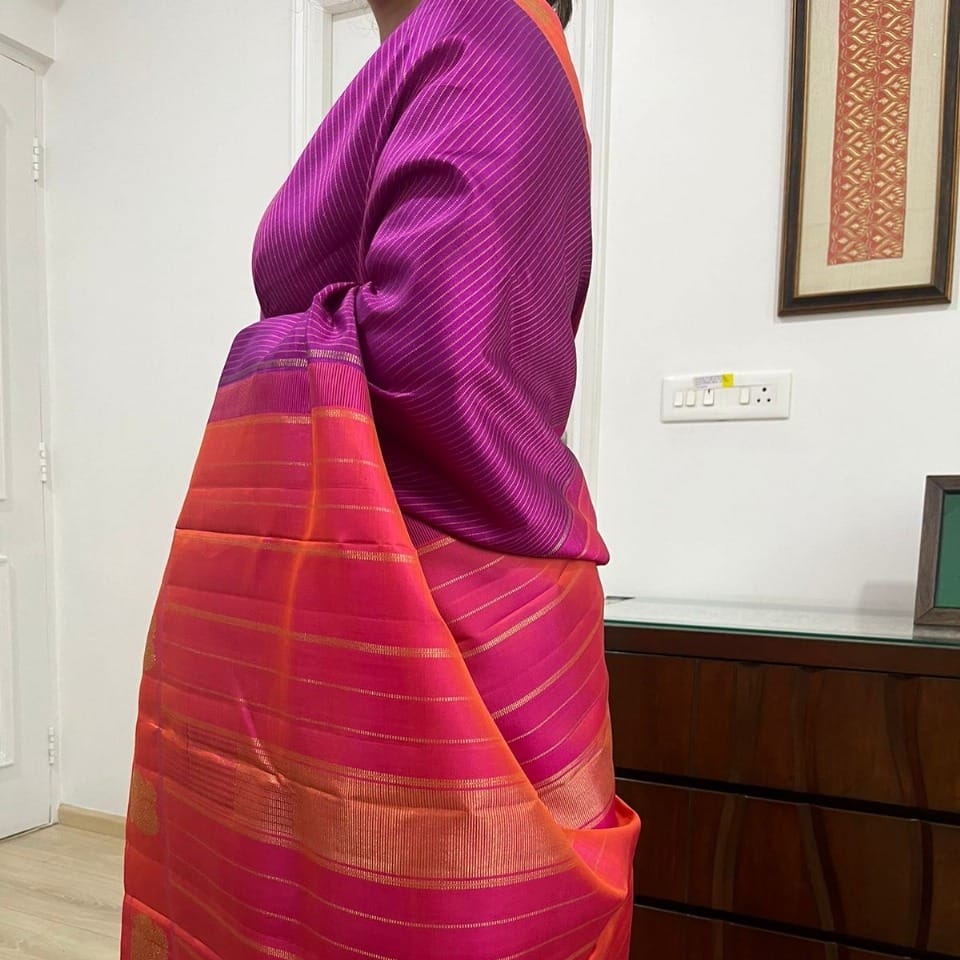 Magenta & Coral Pink Kanjeevaram Saree with Golden Zari Stripes & Paisley Border