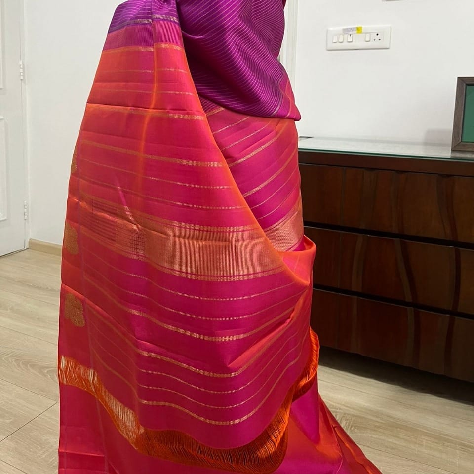 Magenta & Coral Pink Kanjeevaram Saree with Golden Zari Stripes & Paisley Border