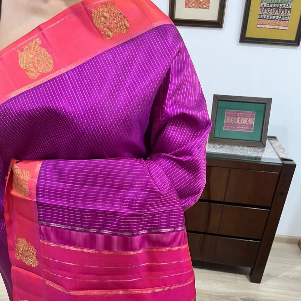 Magenta & Coral Pink Kanjeevaram Saree with Golden Zari Stripes & Paisley Border