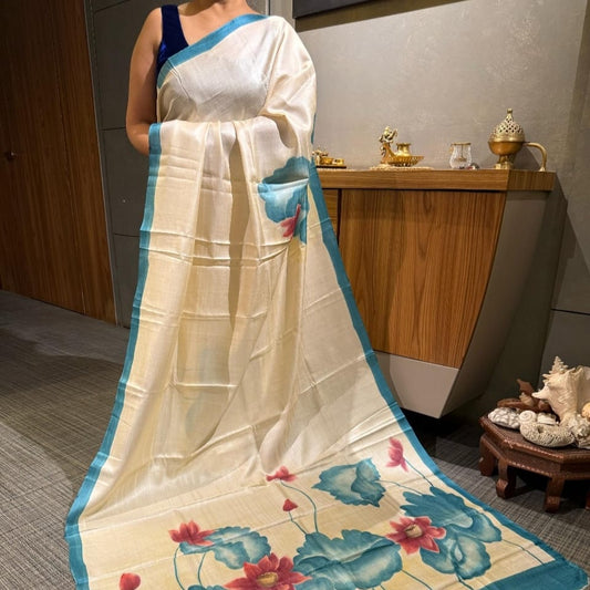 Lotus Bloom Handpainted Bishnupuri Katan Silk Saree