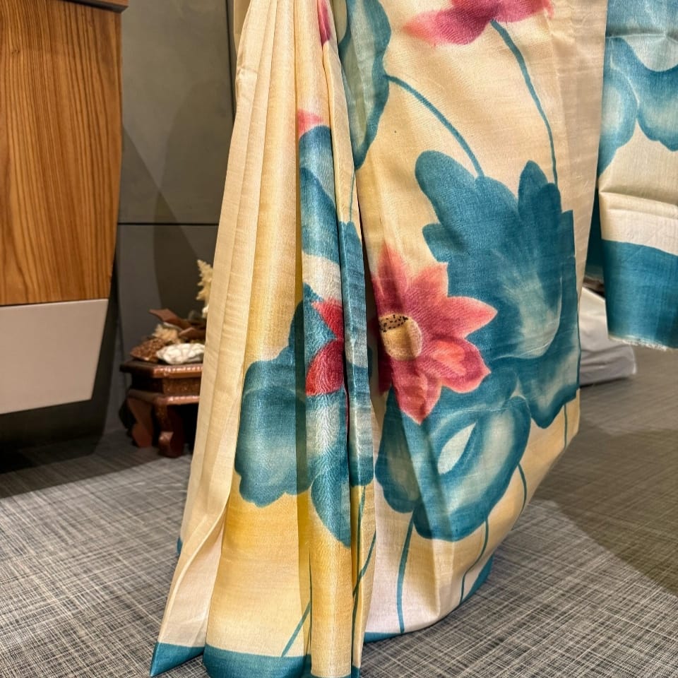 Lotus Bloom Handpainted Bishnupuri Katan Silk Saree