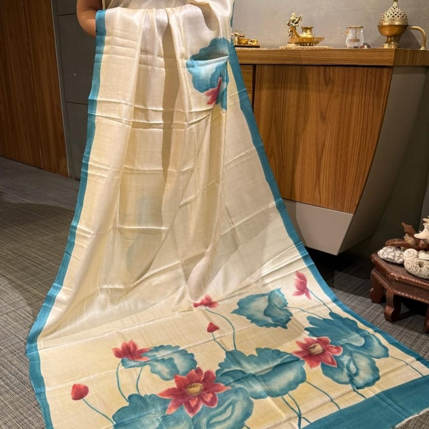 Lotus Bloom Handpainted Bishnupuri Katan Silk Saree