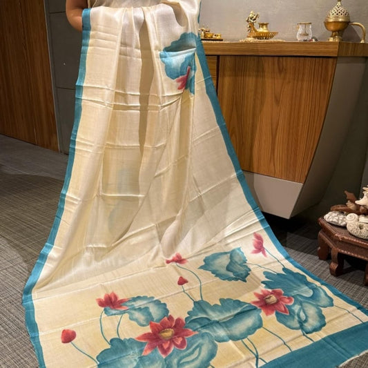 Lotus Bloom Handpainted Bishnupuri Katan Silk Saree