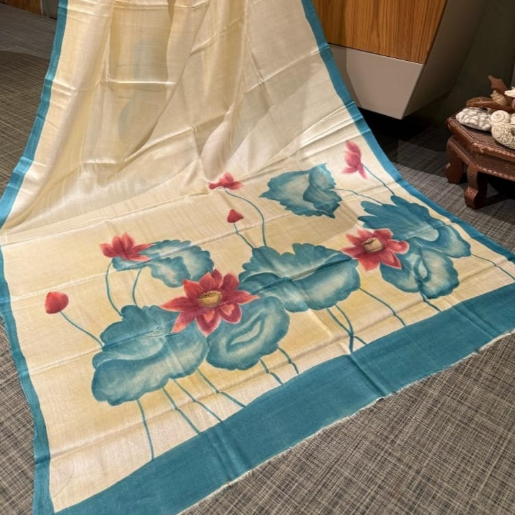 Lotus Bloom Handpainted Bishnupuri Katan Silk Saree