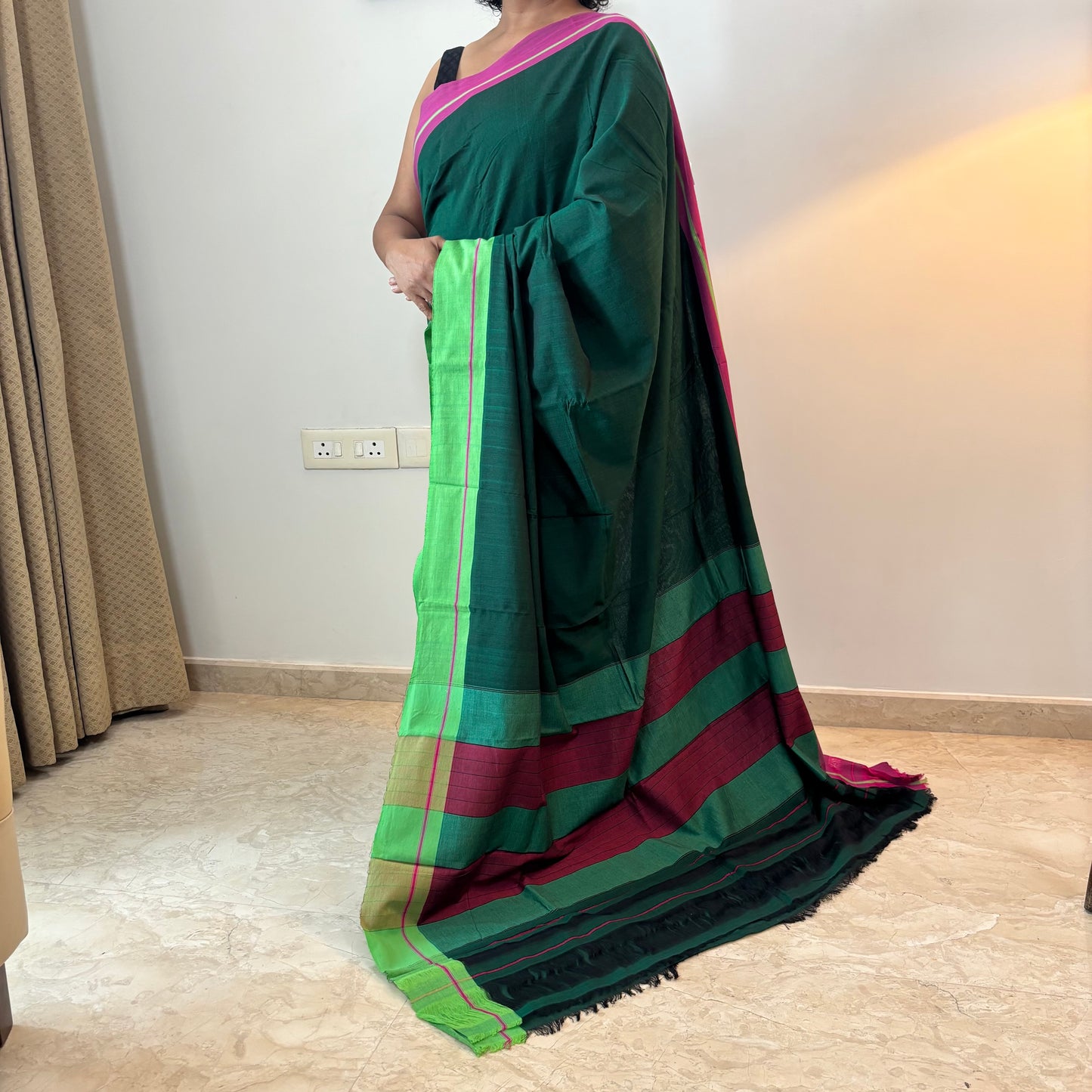 Bottle Green Patteda Anchu Saree with Ganga-Jamuna Borders