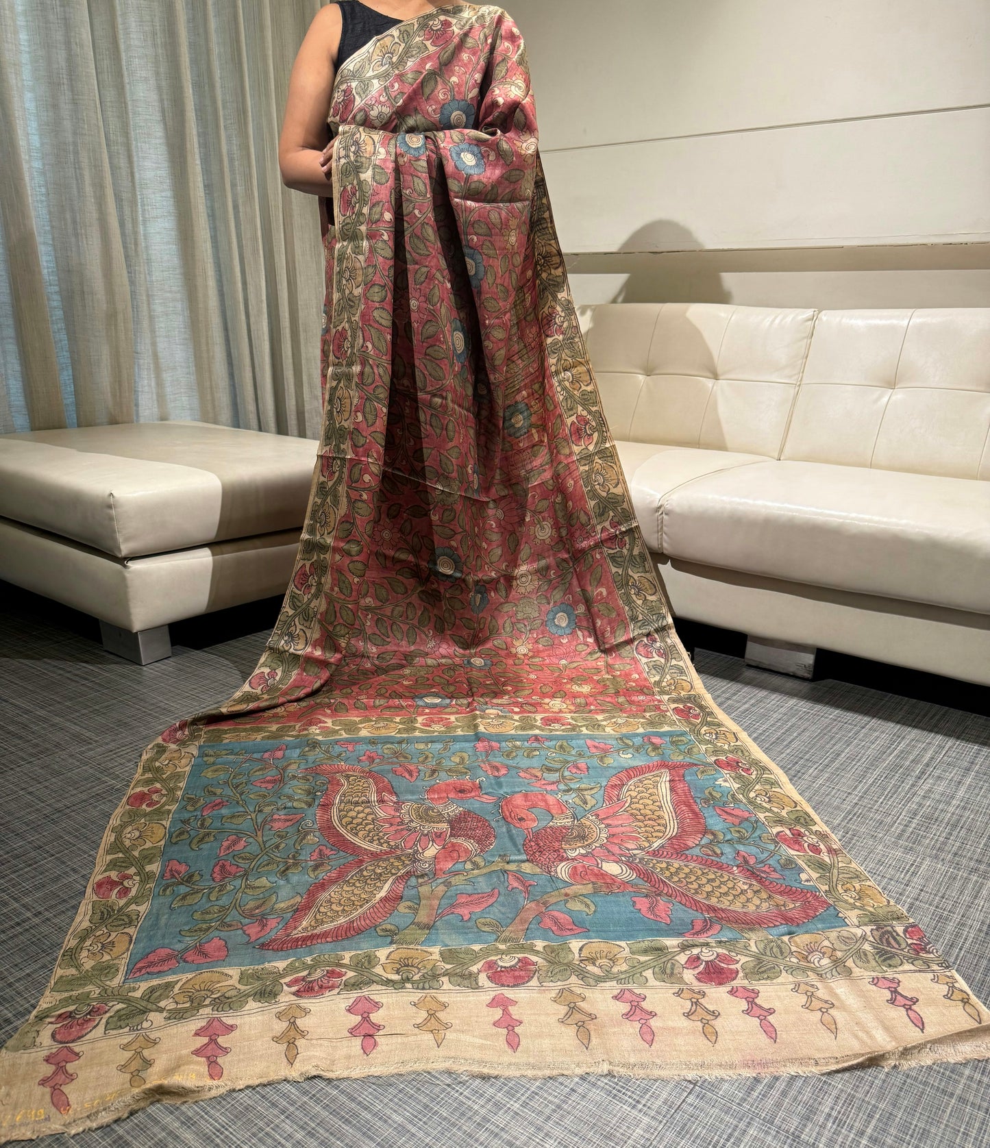 Hand-Painted Onion Pink Pen Kalamkari Tussar Silk Saree with Contrast Blouse