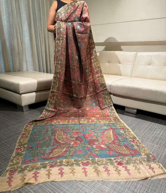 Hand-Painted Onion Pink Pen Kalamkari Tussar Silk Saree with Contrast Blouse