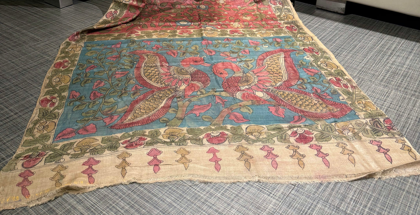 Hand-Painted Onion Pink Pen Kalamkari Tussar Silk Saree with Contrast Blouse