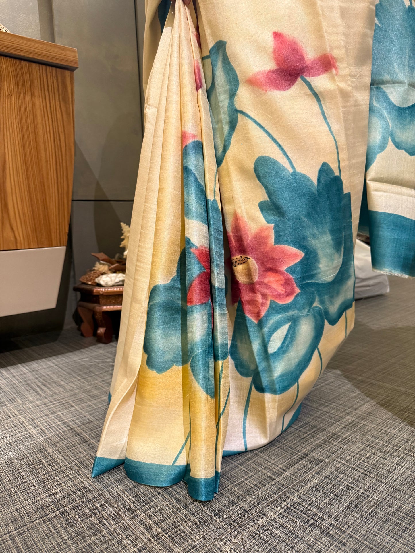 Hand-Painted Pearl-White Katan Murshidabad Silk Saree with Blouse