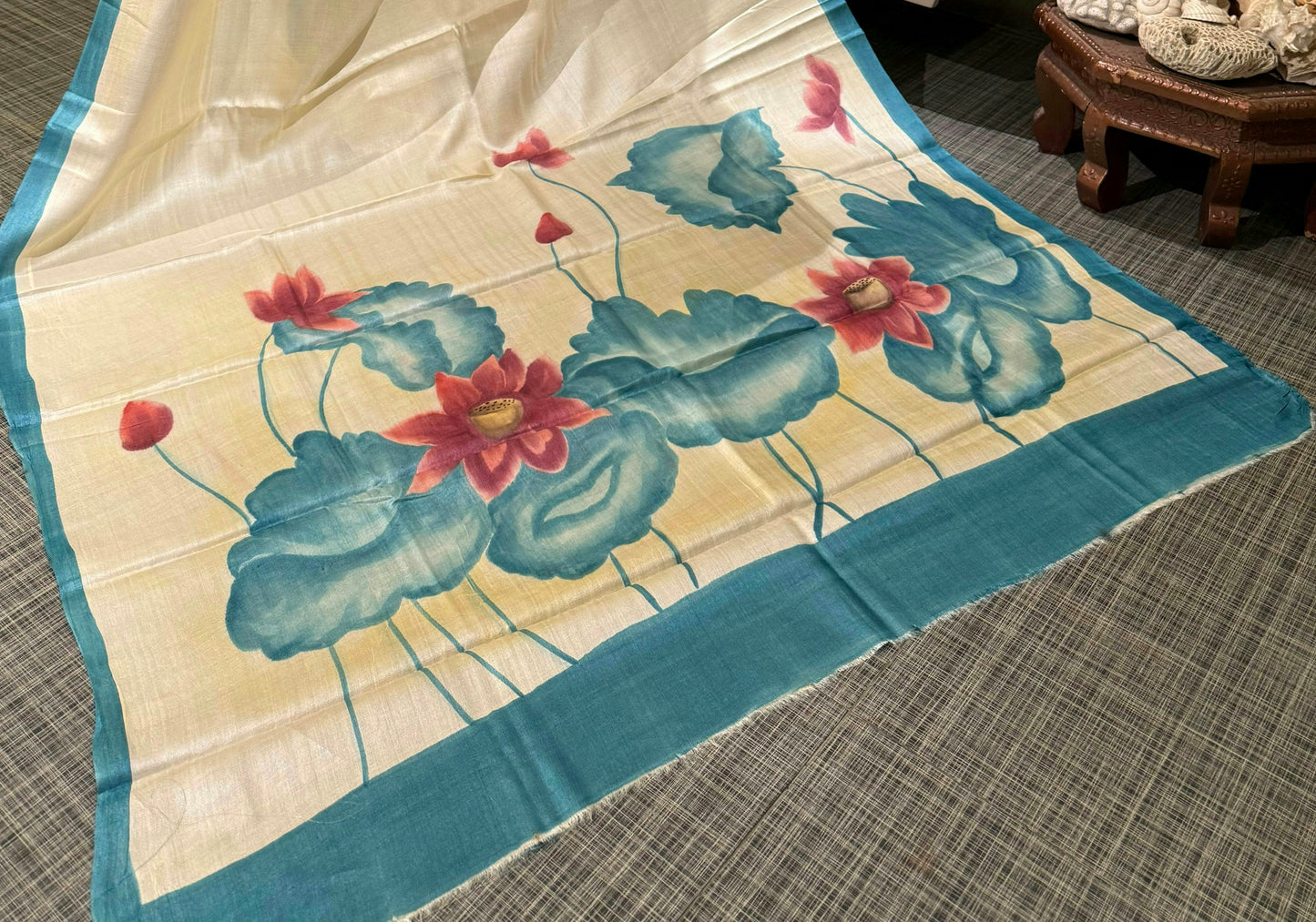 Hand-Painted Pearl-White Katan Murshidabad Silk Saree with Blouse