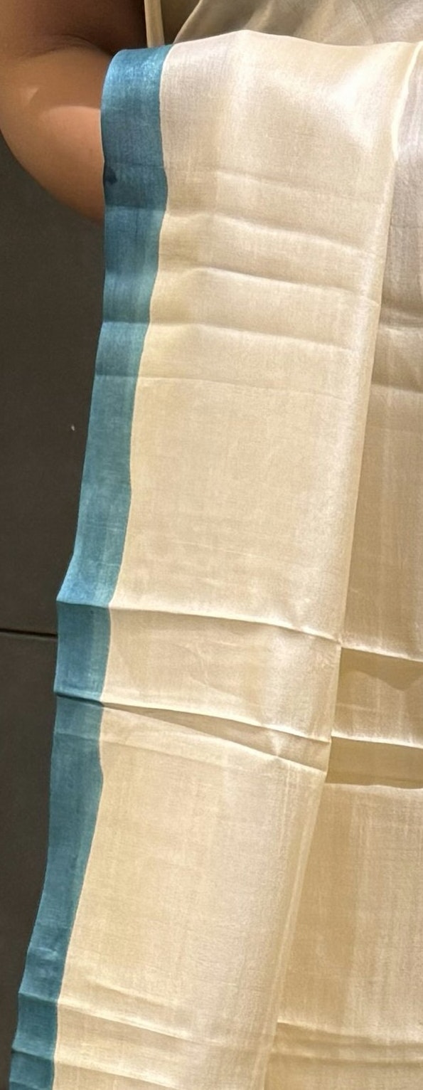 Hand-Painted Pearl-White Katan Murshidabad Silk Saree with Blouse