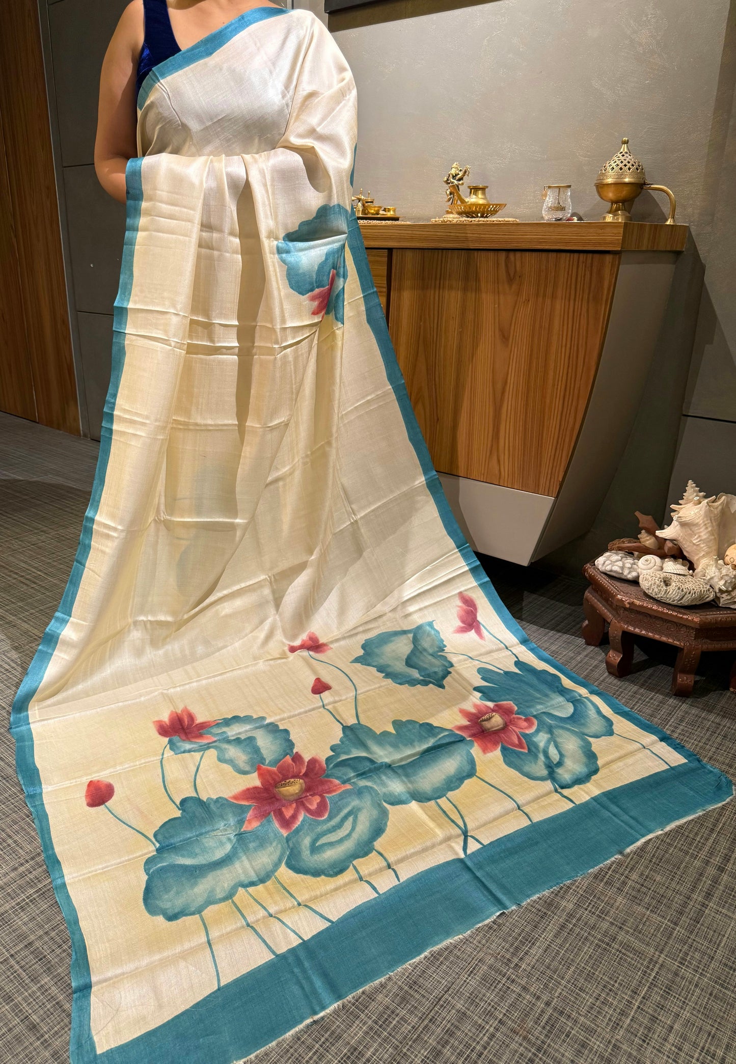 Hand-Painted Pearl-White Katan Murshidabad Silk Saree with Blouse