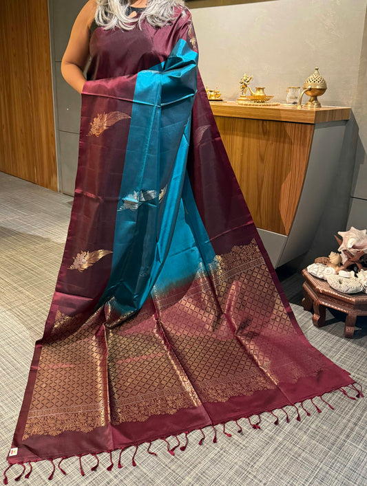 Contemporary Peacock Blue Soft Silk Saree with Blouse