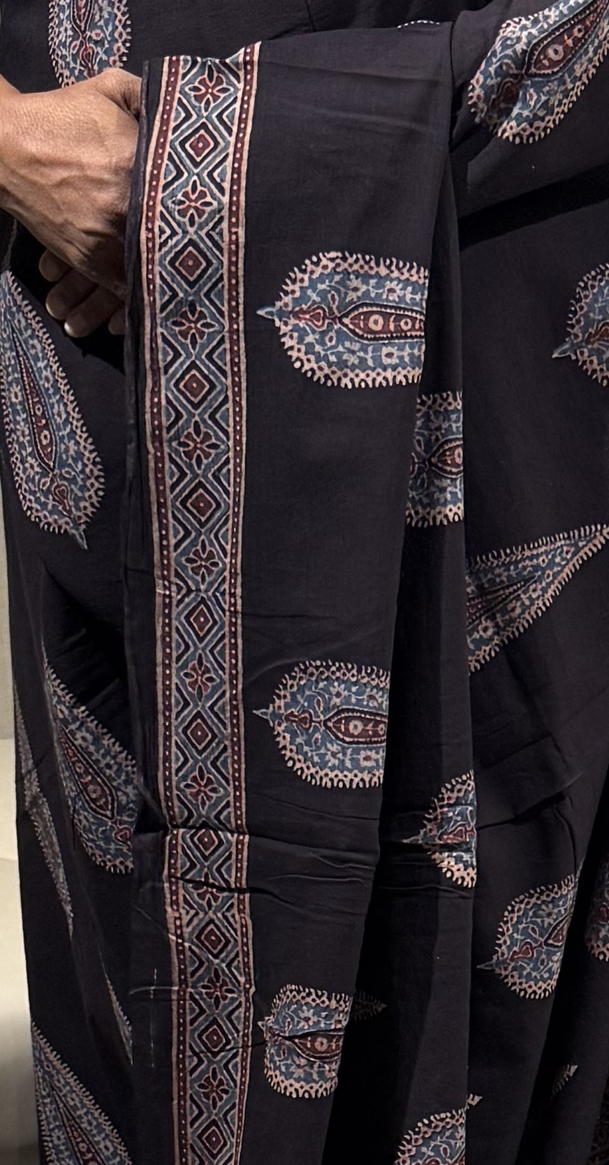 Ink Black Ajrakh Mul Cotton Saree with Blouse