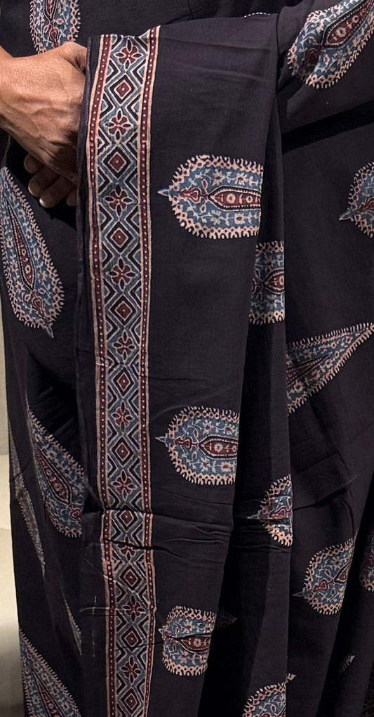 Ink Black Ajrakh Mul Cotton Saree with Blouse