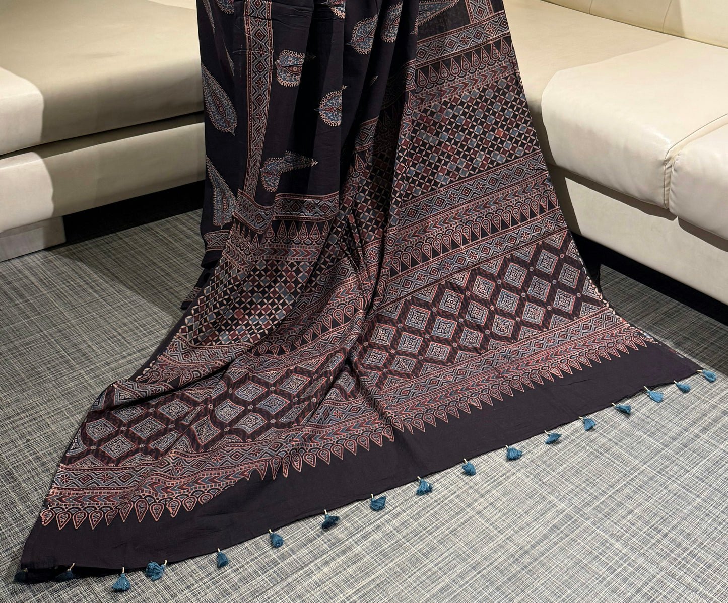 Ink Black Ajrakh Mul Cotton Saree with Blouse