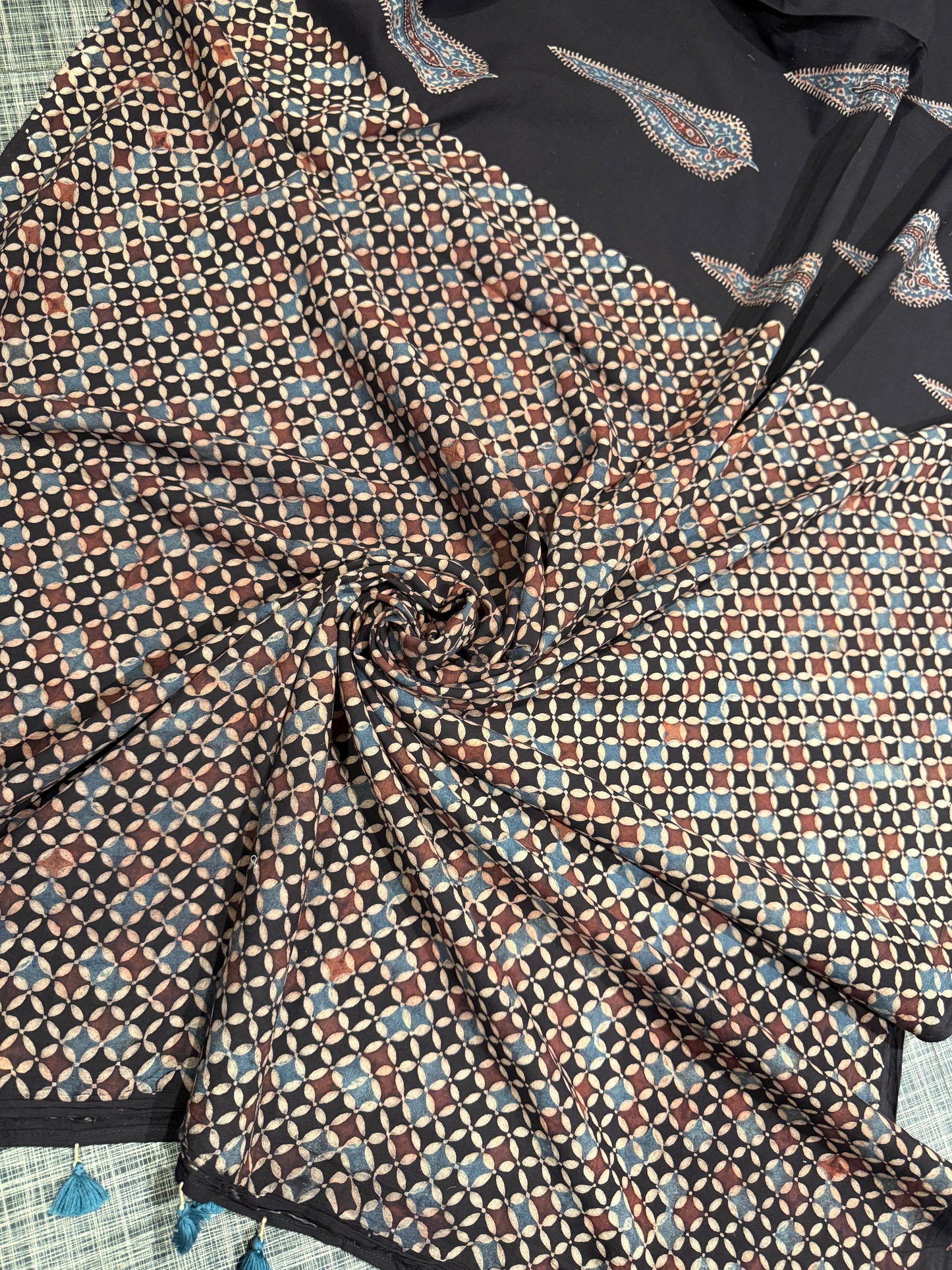 Ink Black Ajrakh Mul Cotton Saree with Blouse