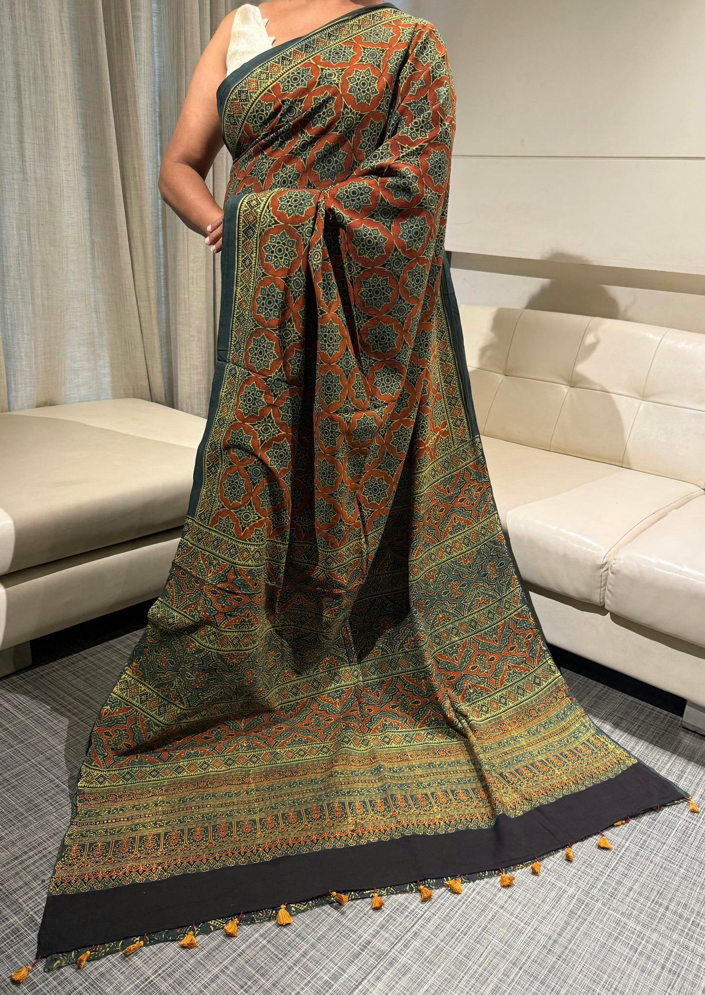 Henna Green & Vermillion Ajrakh Mul Cotton Saree with Blouse