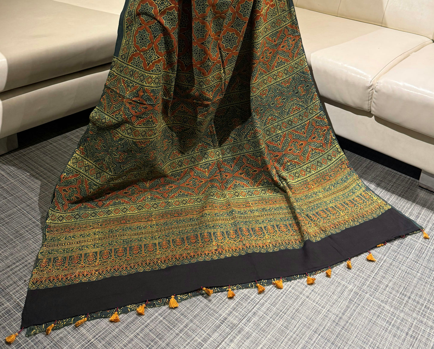 Henna Green & Vermillion Ajrakh Mul Cotton Saree with Blouse