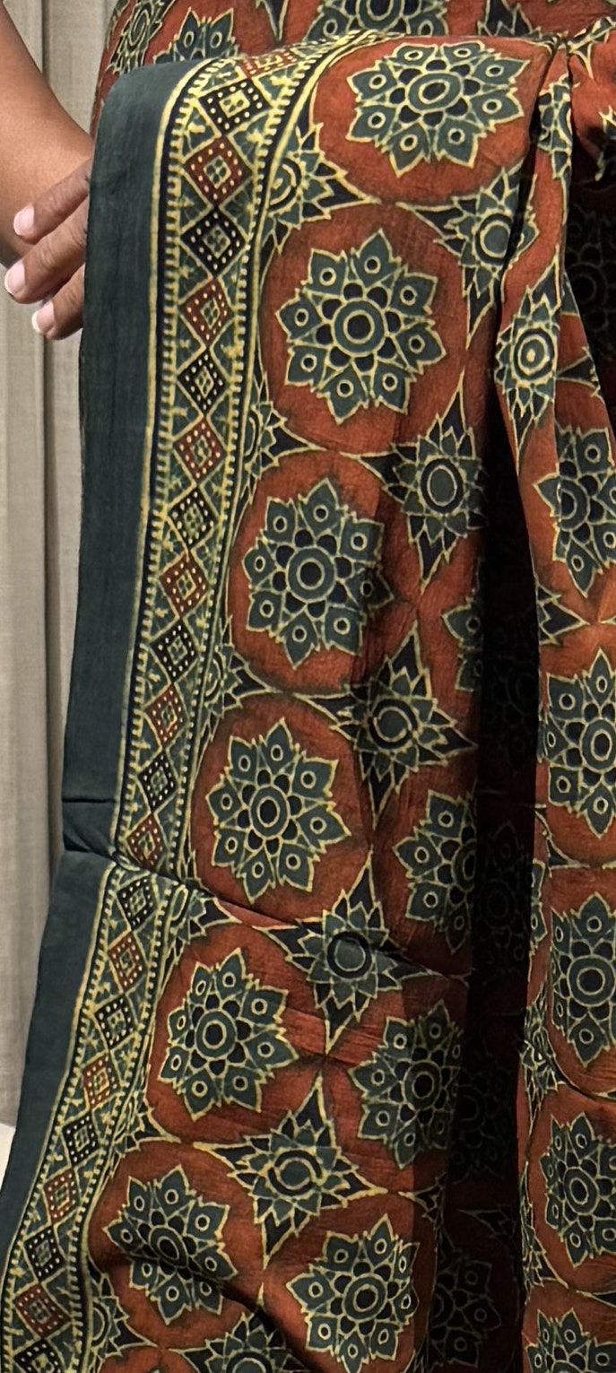 Henna Green & Vermillion Ajrakh Mul Cotton Saree with Blouse