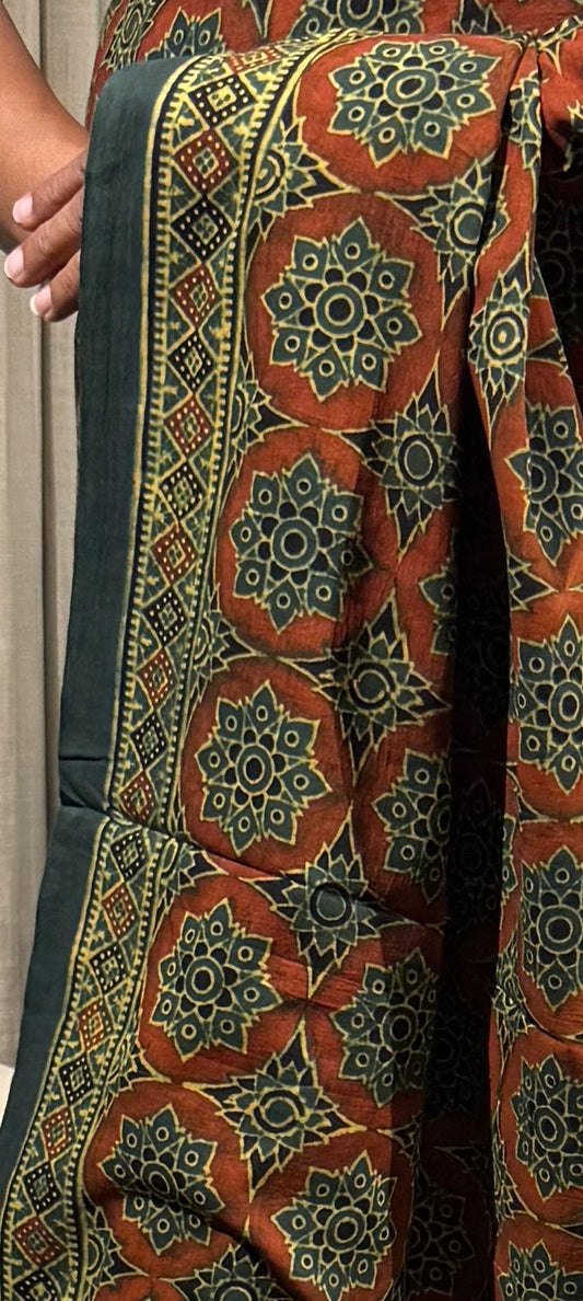 Henna Green & Vermillion Ajrakh Mul Cotton Saree with Blouse