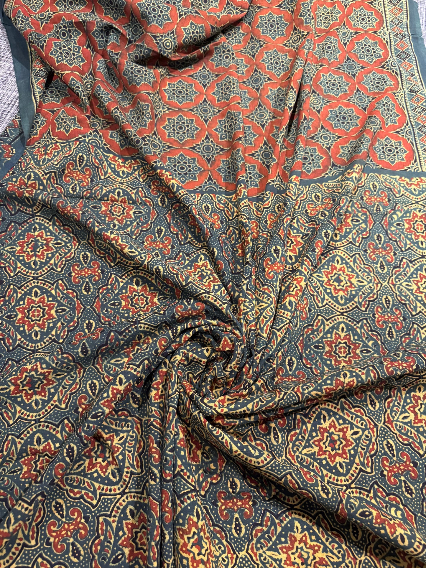 Henna Green & Vermillion Ajrakh Mul Cotton Saree with Blouse