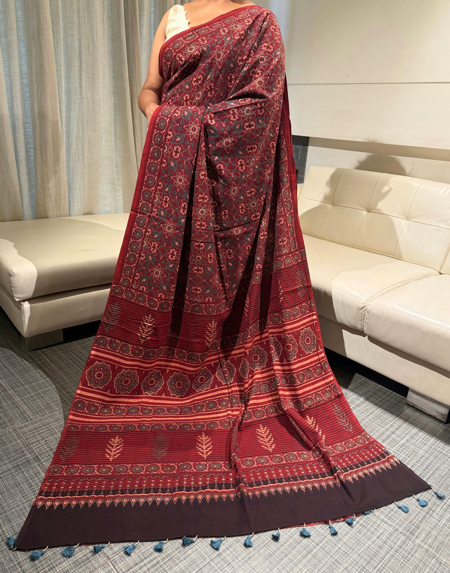 Crimson Ajrakh Mul Cotton Saree with Blouse