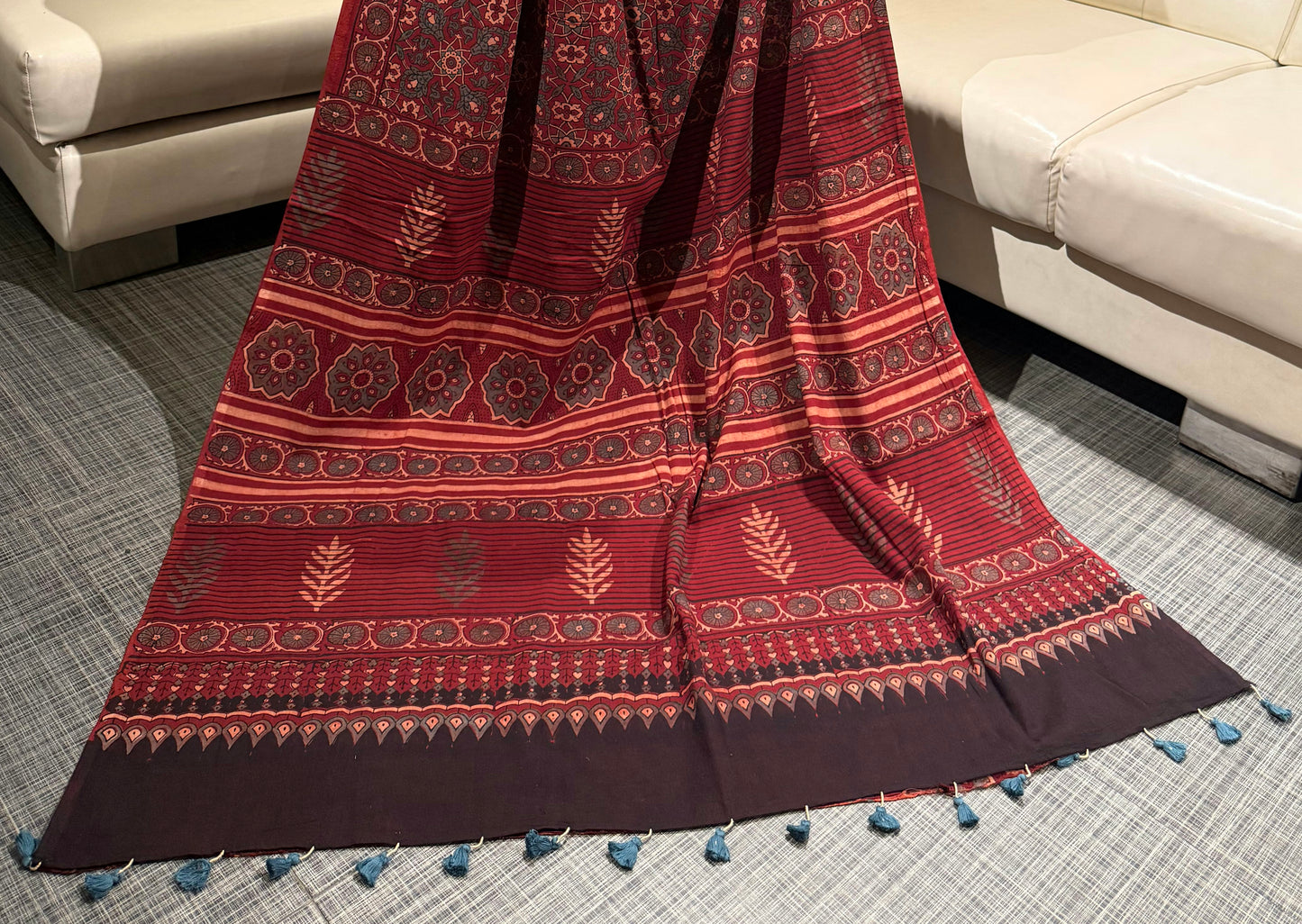 Crimson Ajrakh Mul Cotton Saree with Blouse