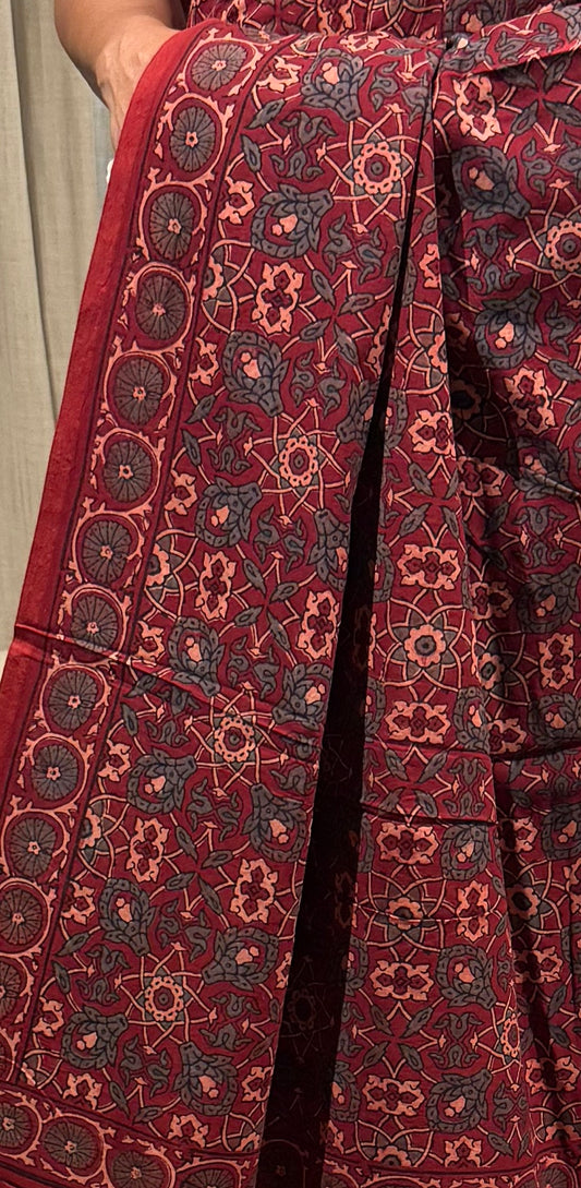 Crimson Ajrakh Mul Cotton Saree with Blouse