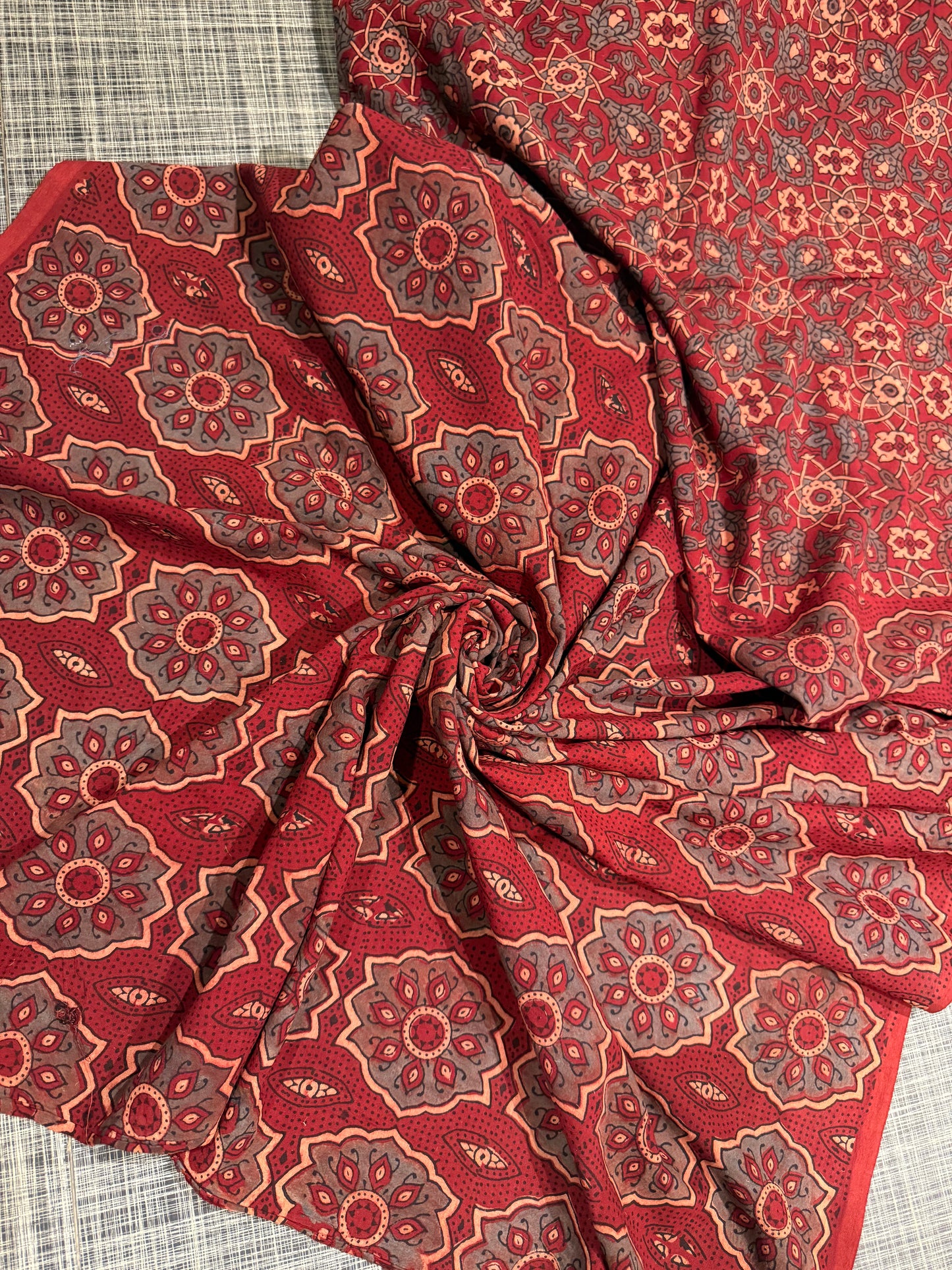 Crimson Ajrakh Mul Cotton Saree with Blouse