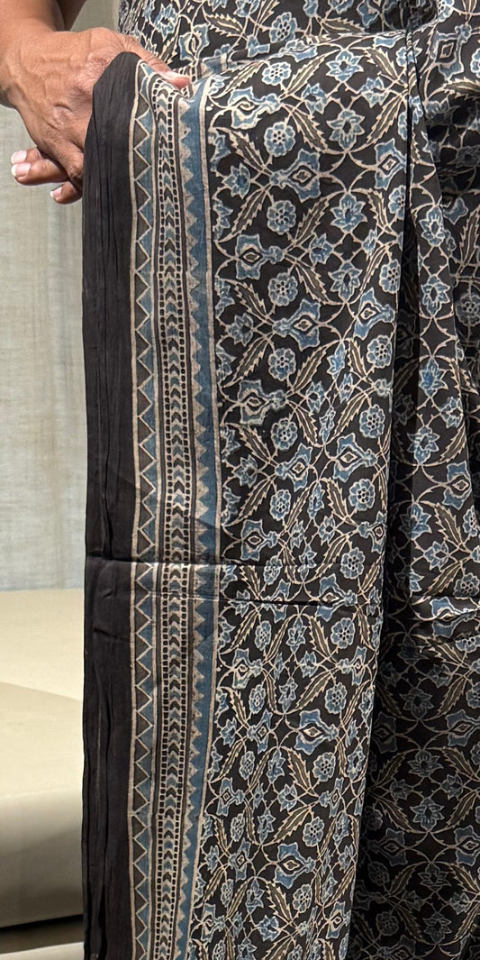 Black Ajrakh Mul Cotton Saree with Floral & Leaf Prints With Blouse