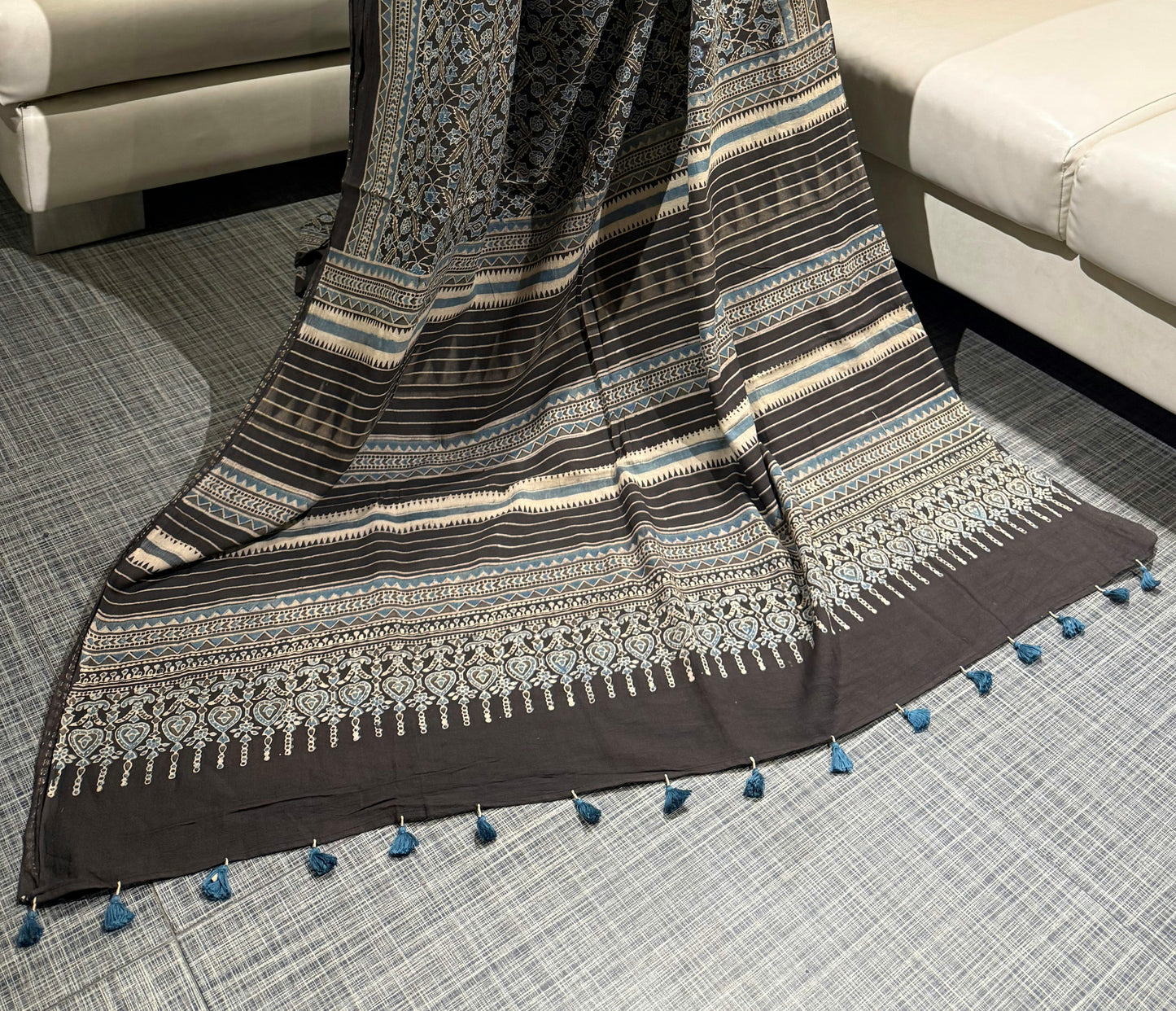 Black Ajrakh Mul Cotton Saree with Floral & Leaf Prints With Blouse