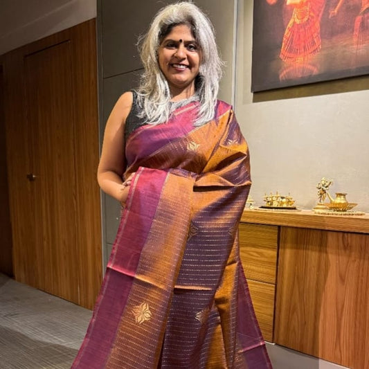Plum & Mustard Dual-Tone Soft Silk Saree with Zari Motifs