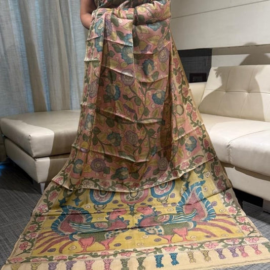 Heritage Hand-Painted Pen Kalamkari Tussar Saree