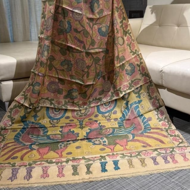 Heritage Hand-Painted Pen Kalamkari Tussar Saree