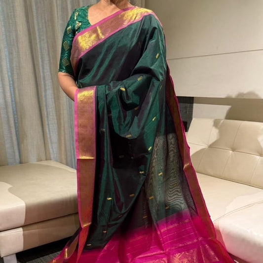 Emerald Green & Rani Pink Silk Cotton Saree with Zari Border