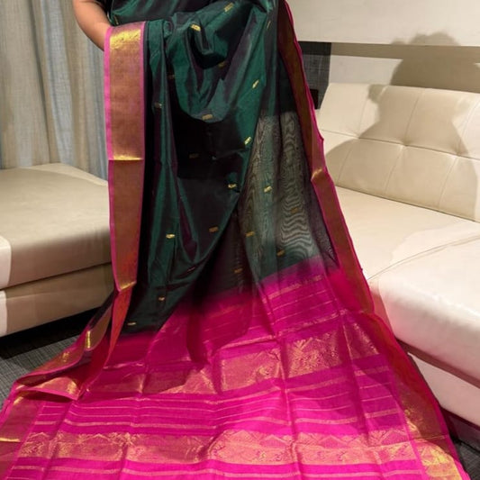 Emerald Green & Rani Pink Silk Cotton Saree with Zari Border