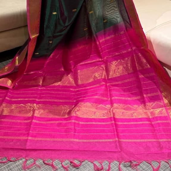 Emerald Green & Rani Pink Silk Cotton Saree with Zari Border